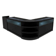 Conjunto de balcões comerciais em preto, com luz LED, design moderno em forma de L, prateleiras abertas e vitrines iluminadas