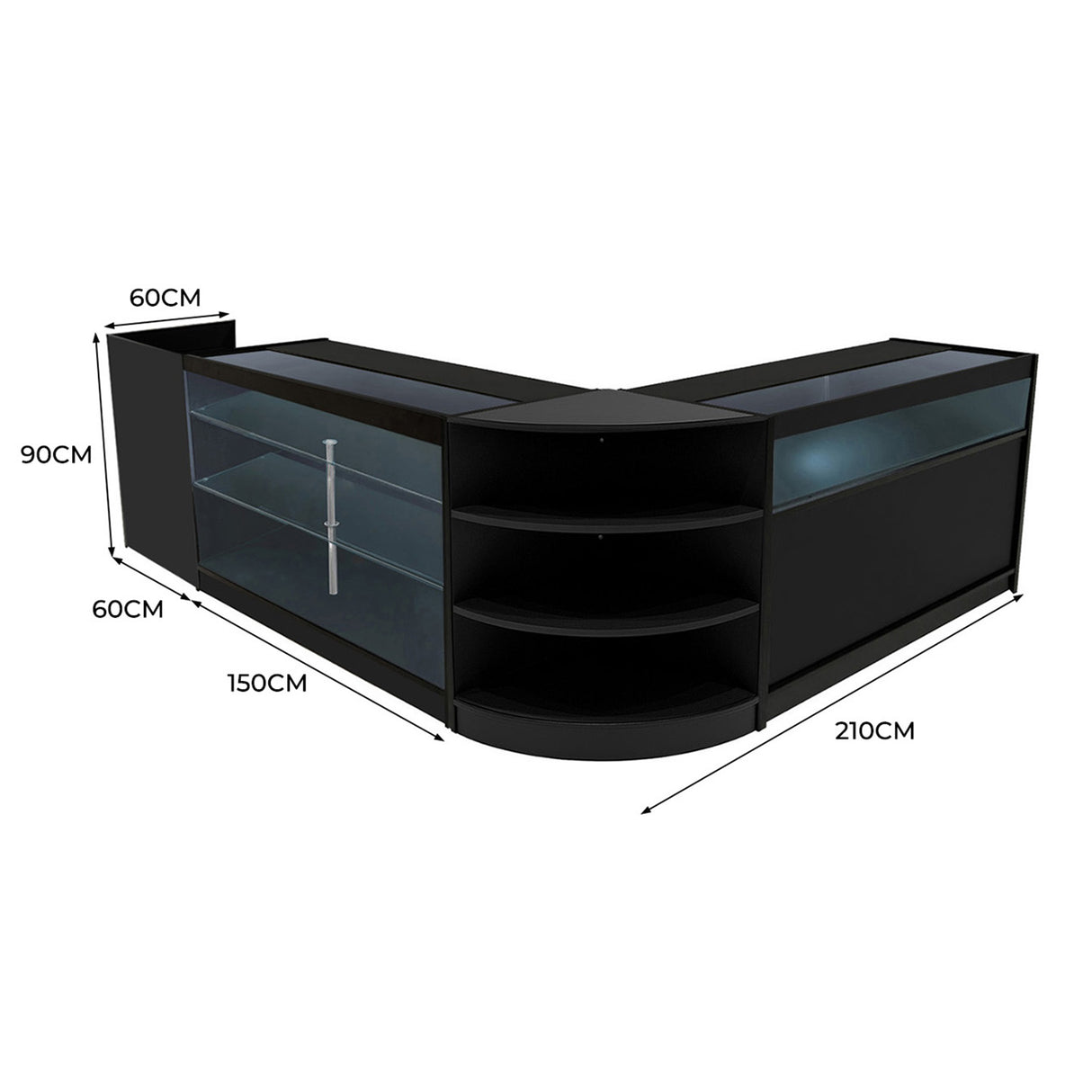 Conjunto de Balcões Comerciais com Luz LED "HYPERION" LM60 + B1500 + K1500 + TB60 – cor Preto