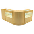 Conjunto de balcões comerciais em cor maple, com iluminação LED, design moderno e superfícies de vidro para exibição de produtos