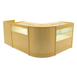 Conjunto de balcões comerciais em cor maple, com acabamento liso, iluminação LED e vitrines de vidro, ideal para exibição de produtos