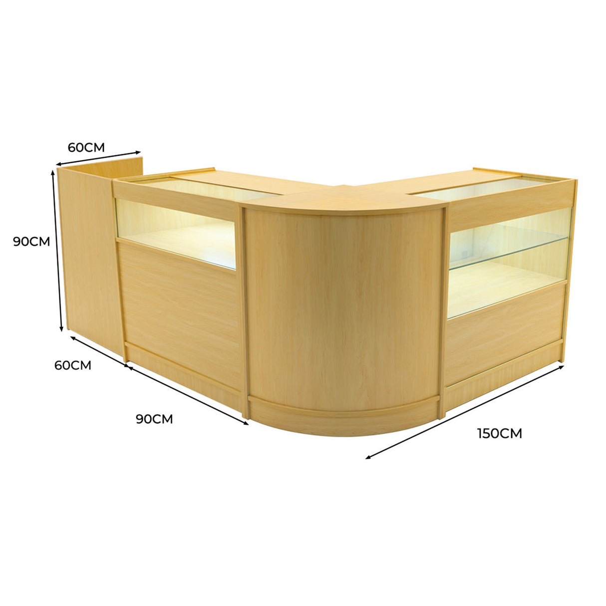 Conjunto de Balcões Comerciais com Luz LED "GRAVITY" CM60 + B900 + C900 + TB60 – cor Maple