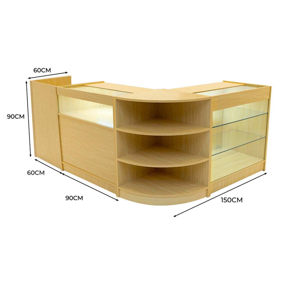 Conjunto de Balcões Comerciais com Luz LED "HYPERION" LM60 + B900 + K900 + TB60 – cor Maple