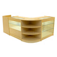 Conjunto de balcões comerciais em cor maple, com prateleiras de vidro e iluminação LED, design moderno e funcional para lojas