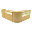 Conjunto de balcões comerciais em cor maple, com acabamento liso, iluminação LED e design moderno em formato em L, ideal para lojas