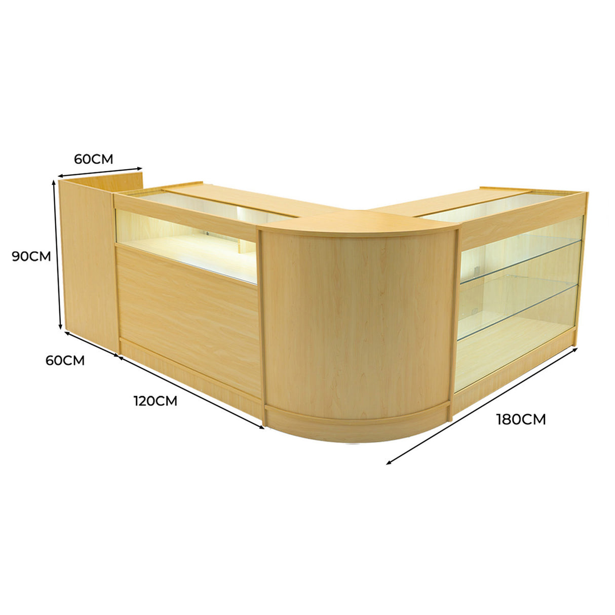 Conjunto de Balcões Comerciais com Luz LED "POLARIS" CM60 + B1200 + K1200 + TB60 – cor Maple