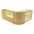 Conjunto de balcões comerciais em cor maple, com iluminação LED, prateleiras de vidro e design moderno e curvo, ideal para lojas