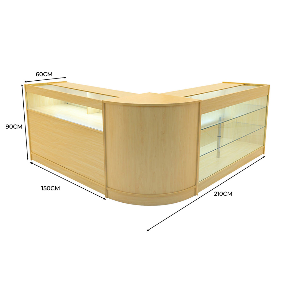 Conjunto de Balcões Comerciais com Luz LED  "TRITON" CM60 + K1500 + B1500 – cor Maple
