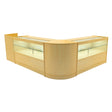 Conjunto de balcões comerciais em cor maple, com iluminação LED, design moderno e superfícies de vidro para exibição de produtos