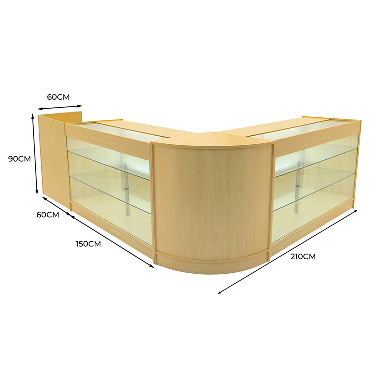 Conjunto de Balcões Comerciais com Luz LED "ARIES" CM60 + 2xK1500 + TB60 – cor Maple