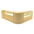 Conjunto de balcões comerciais em cor maple, com iluminação LED, design moderno e superfícies lisas e brilhantes, ideal para lojas