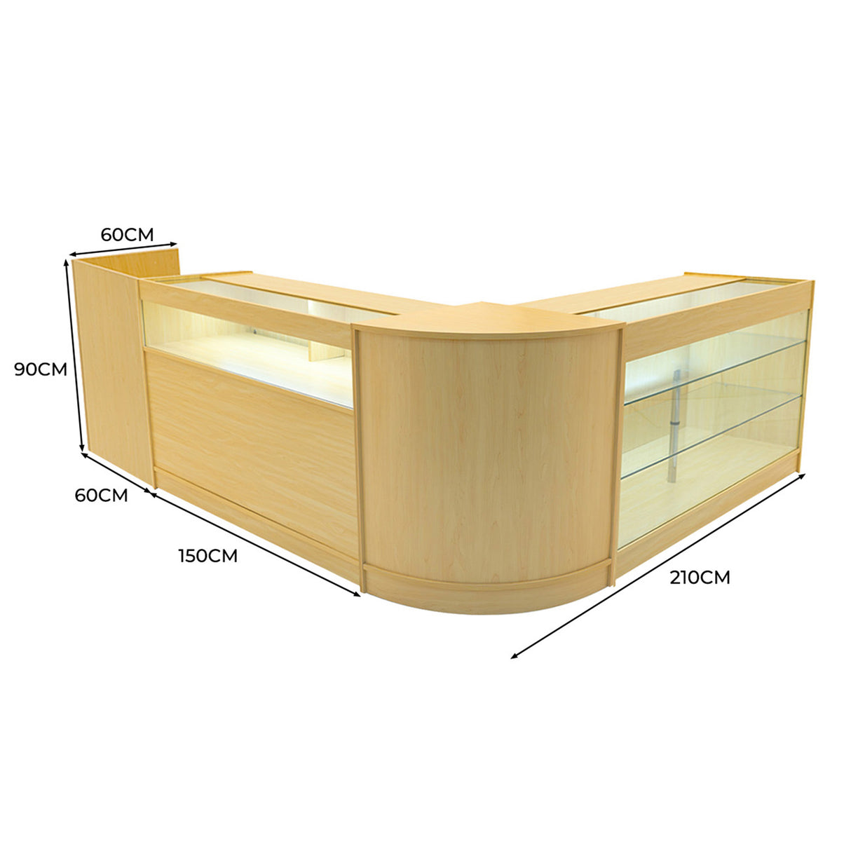 Conjunto de Balcões Comerciais com Luz LED "POLARIS" CM60 + B1500 + K1500 + TB60 – cor Maple