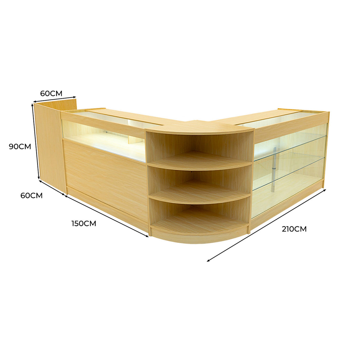 Conjunto de Balcões Comerciais com Luz LED "HYPERION" LM60 + B1500 + K1500 + TB60 – cor Maple