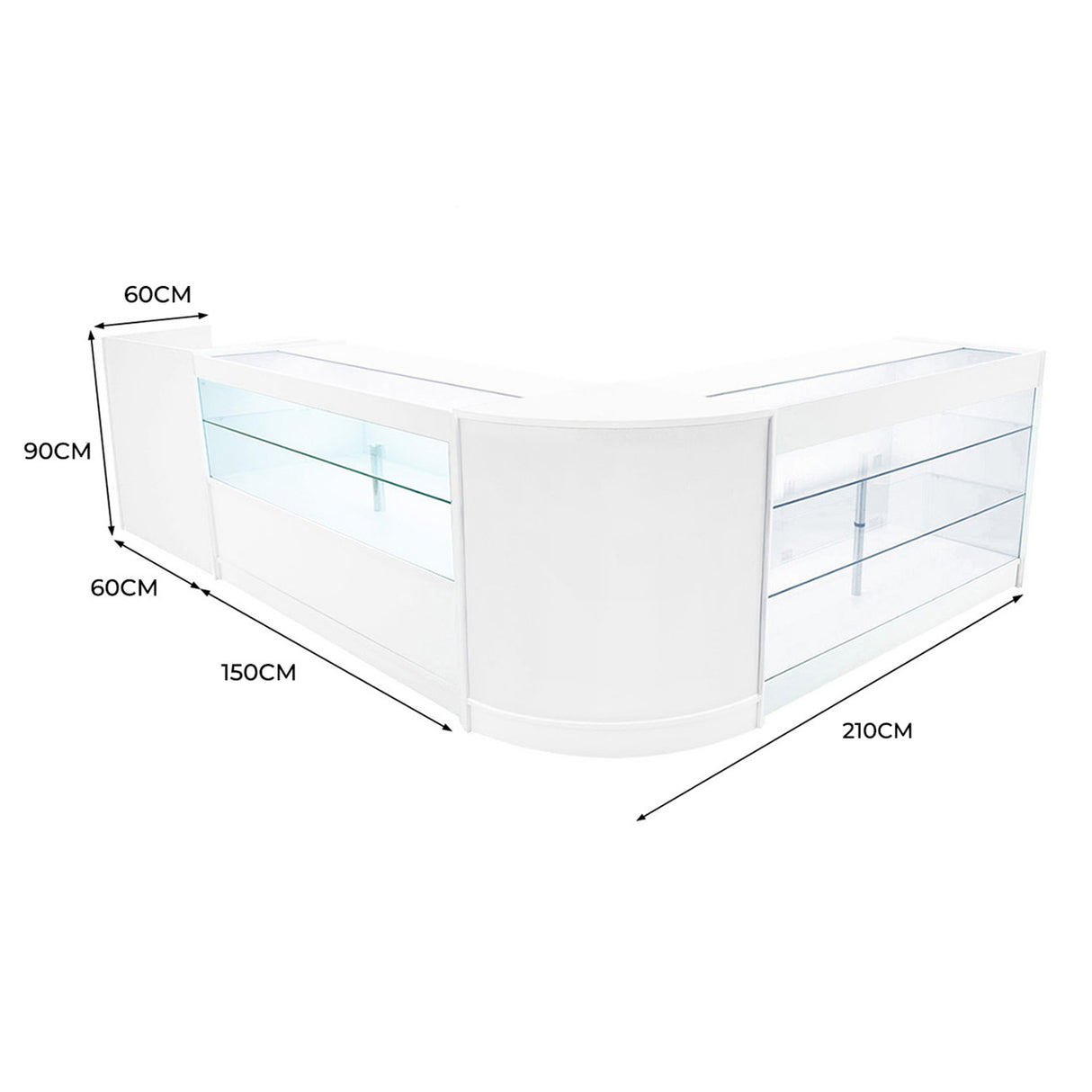 Conjunto de Balcões Comerciais com Luz LED "VEGA" CM60 + K1500 + C1500 + TB60 – cor Branco