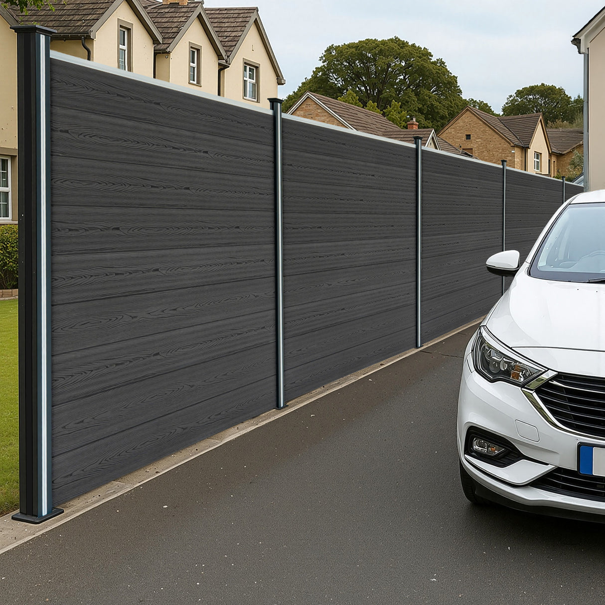 Vedação de Exterior em WPC e Alumínio – 2xPainéis Quadrado + 1xOblíquo + 3xPostes com LED | Cinza