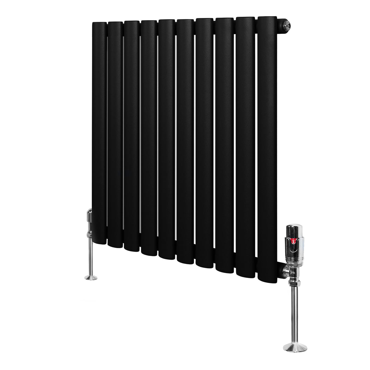 Radiador de coluna simples oval preto com válvulas, 600 mm x 600 mm, com acabamento liso e moderno, ideal para aquecimento eficiente