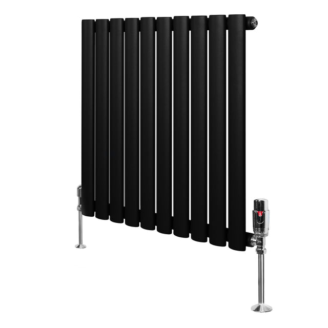 Radiador de coluna simples oval preto com válvulas, 600 mm x 600 mm, com acabamento liso e moderno, ideal para aquecimento eficiente