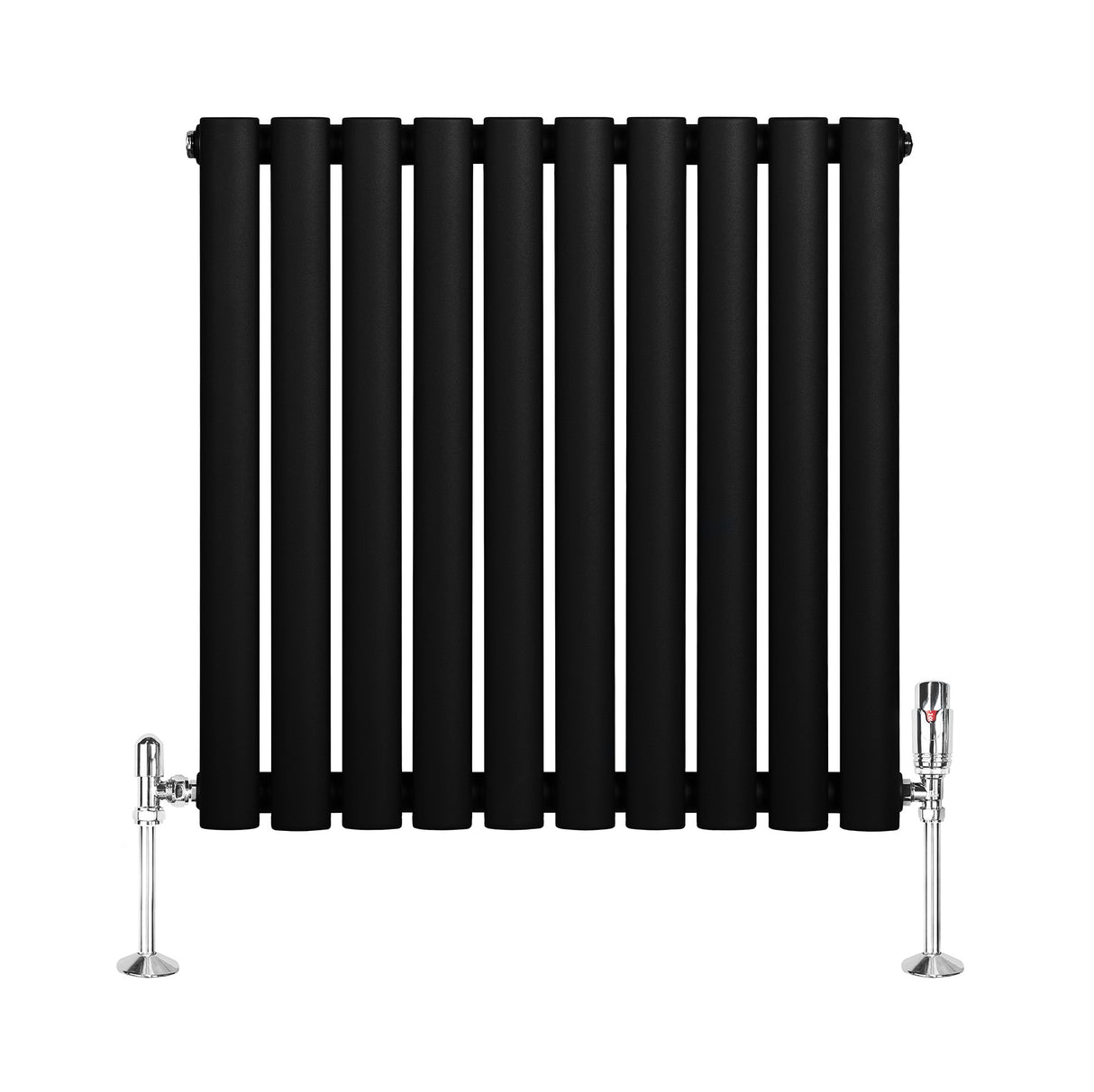 Radiador de coluna oval preto com acabamento fosco, composto por tubos verticais e válvulas cromadas, ideal para aquecimento eficiente