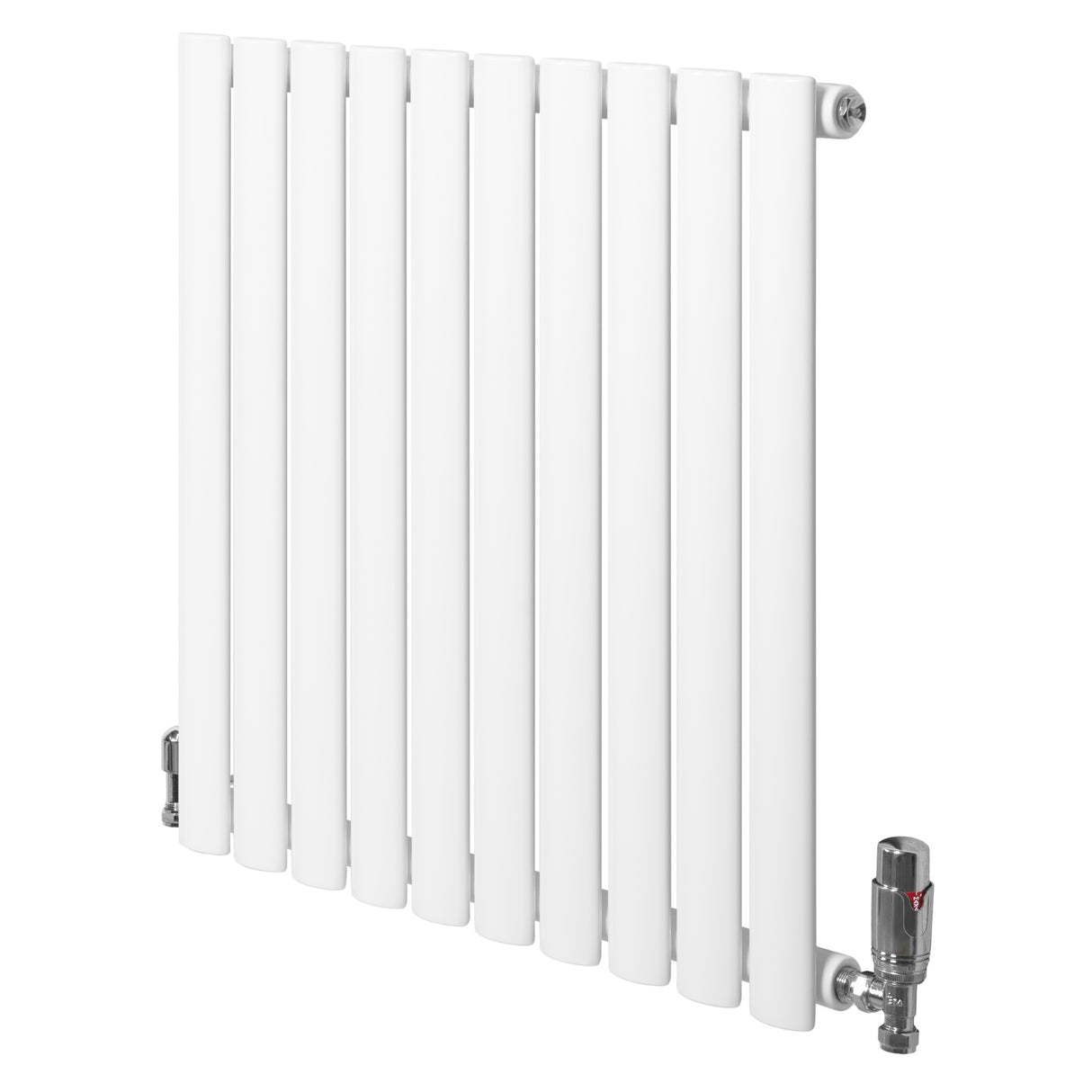 Radiador de coluna simples oval branco, com acabamento liso, 600 mm x 600 mm, e válvulas cromadas nas extremidades