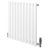 Radiador de coluna simples oval branco, com acabamento liso, 600 mm x 600 mm, e válvulas cromadas nas extremidades