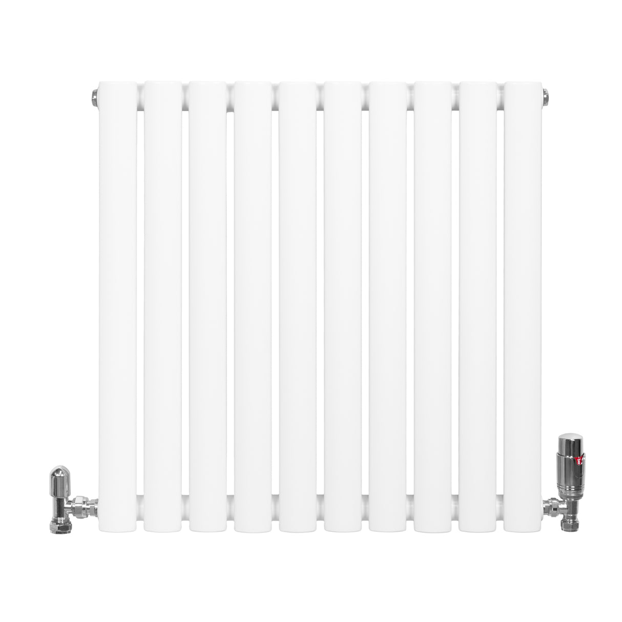 Radiador de coluna simples oval branco com válvulas, design moderno, 600 mm x 600 mm, acabamento liso e brilhante, ideal para aquecimento