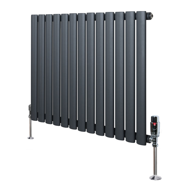 Radiador de coluna oval cinzento antracite, com design moderno, tubos verticais e válvulas, ideal para aquecimento eficiente
