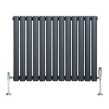 Radiador de coluna oval cinzento antracite com válvulas, apresentando um design moderno e liso, ideal para aquecimento eficiente