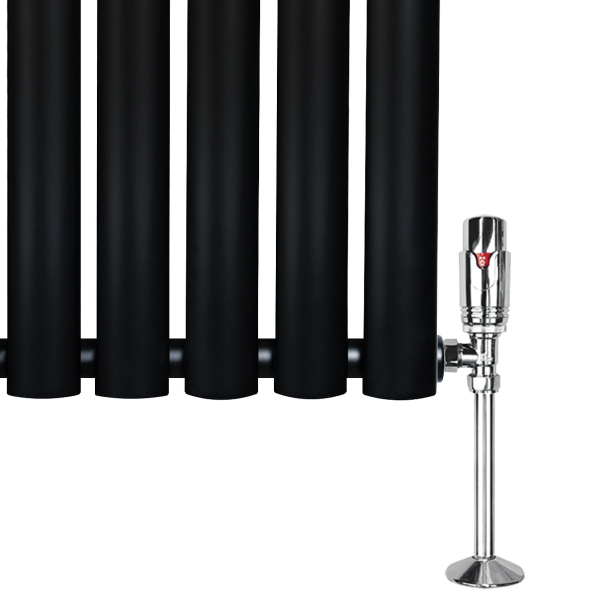 Radiador de coluna simples oval preto, com acabamento liso e válvulas cromadas, ideal para aquecimento eficiente em ambientes modernos