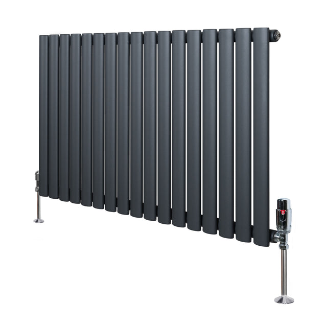 Radiador de coluna simples oval em cinza antracite, com design moderno e válvulas, ideal para aquecimento eficiente e elegante
