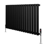 Radiador de coluna simples oval preto, com 14 tubos verticais, acabamento liso e válvulas cromadas, ideal para aquecimento eficiente