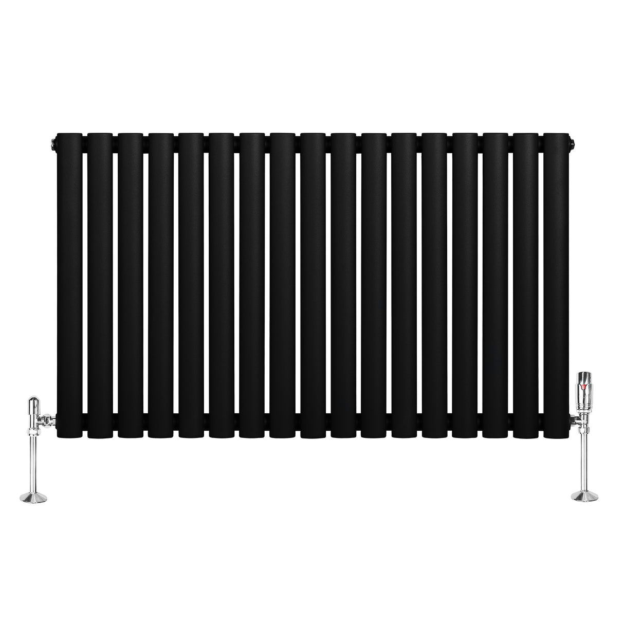 Radiador de coluna simples oval preto, com 12 tubos verticais, válvulas cromadas e acabamento liso, ideal para aquecimento eficiente