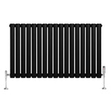 Radiador de coluna simples oval preto, com 12 tubos verticais, válvulas cromadas e acabamento liso, ideal para aquecimento eficiente
