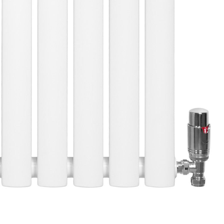 Radiador de coluna simples oval branco com válvulas, apresentando acabamento liso e moderno, ideal para aquecimento eficiente