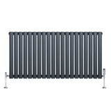 Radiador de coluna oval cinza antracite, com design moderno, 600 mm x 1200 mm, apresentando válvulas cromadas nas extremidades