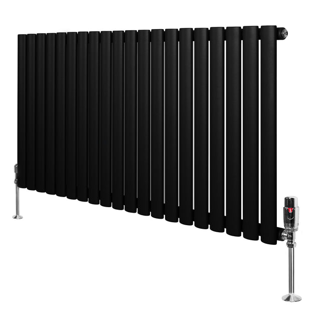 Radiador de coluna simples oval preto, com design elegante e válvulas, medindo 600 mm x 1200 mm, ideal para aquecimento eficiente
