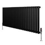 Radiador de coluna simples oval preto, com design elegante e moderno, medindo 600 mm x 1440 mm, equipado com válvulas