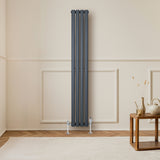 Radiador de coluna simples oval cinza antracite, com válvulas, instalado em parede clara, destacando seu design moderno e elegante
