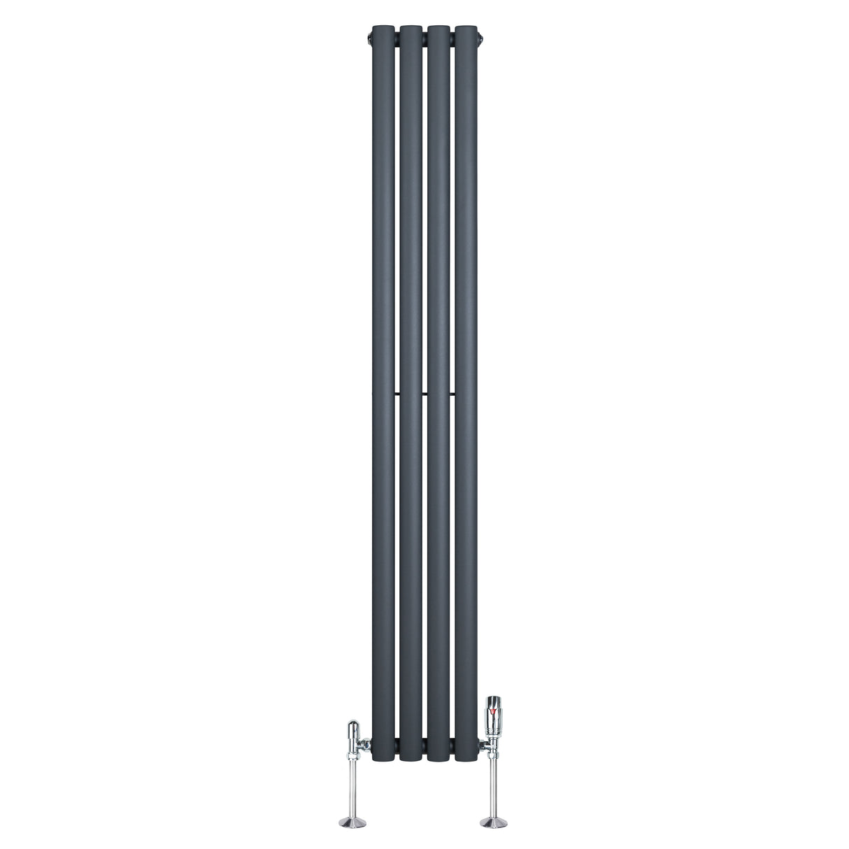 Radiador de coluna simples oval cinza antracite, com válvulas, medindo 1600 mm x 240 mm, apresentando um design moderno e elegante