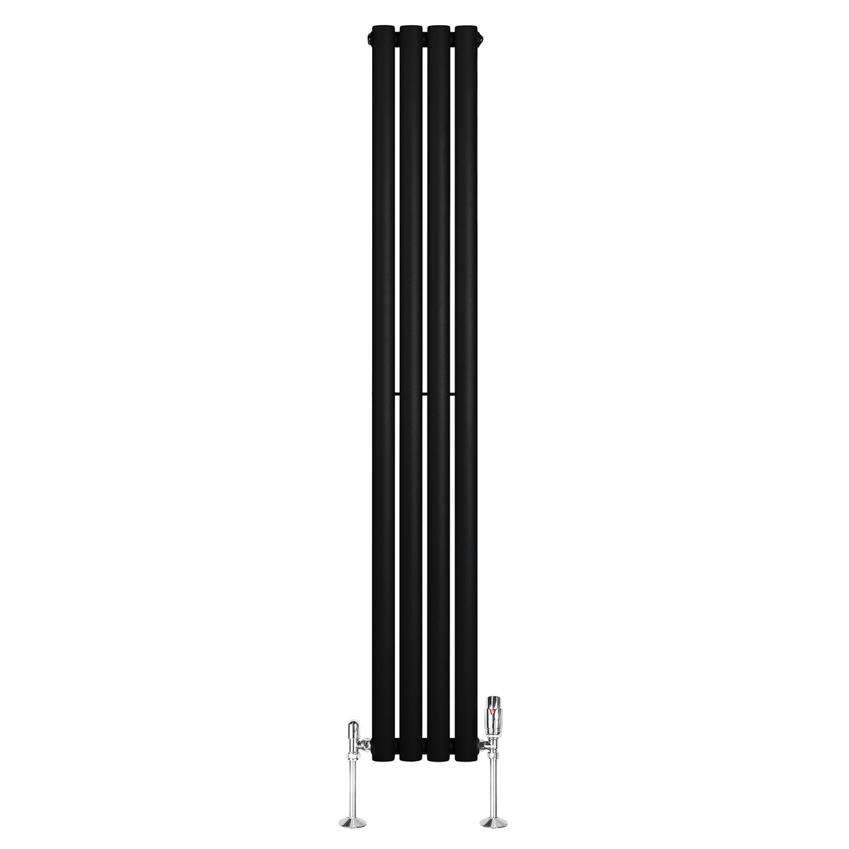 Radiador de coluna simples oval preto, com design elegante, medindo 1600 mm x 240 mm, equipado com válvulas cromadas na base