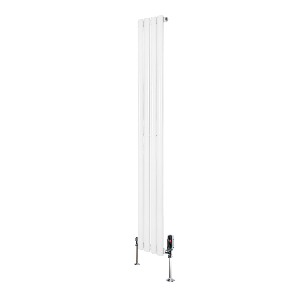 Radiador de coluna simples oval branco, 1600 mm x 240 mm, com válvulas, apresentando um design elegante e moderno, ideal para aquecer ambientes