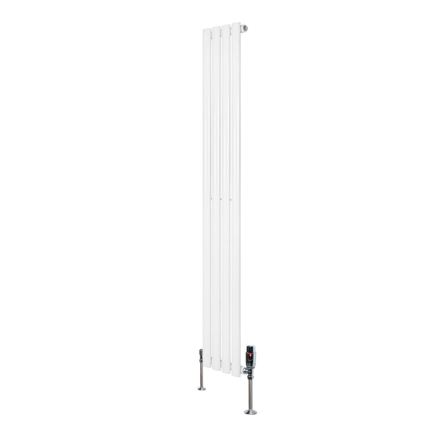 Radiador de coluna simples oval branco, 1600 mm x 240 mm, com válvulas, apresentando um design elegante e moderno, ideal para aquecer ambientes