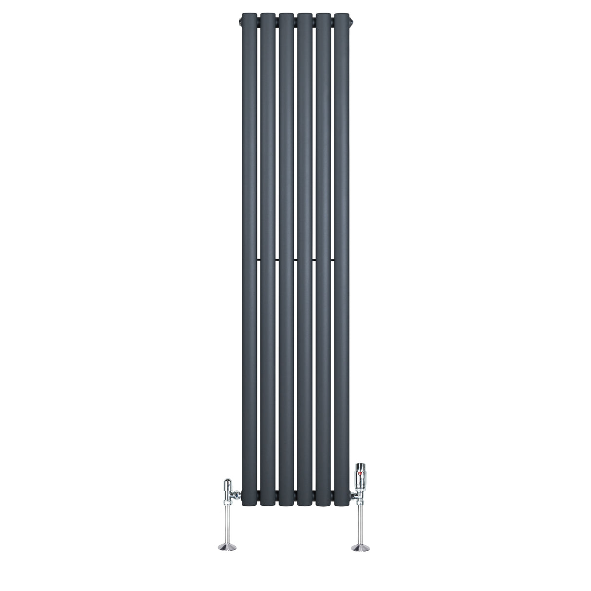 Radiador de coluna simples oval cinza antracite, com seis seções verticais e válvulas cromadas, ideal para aquecimento eficiente