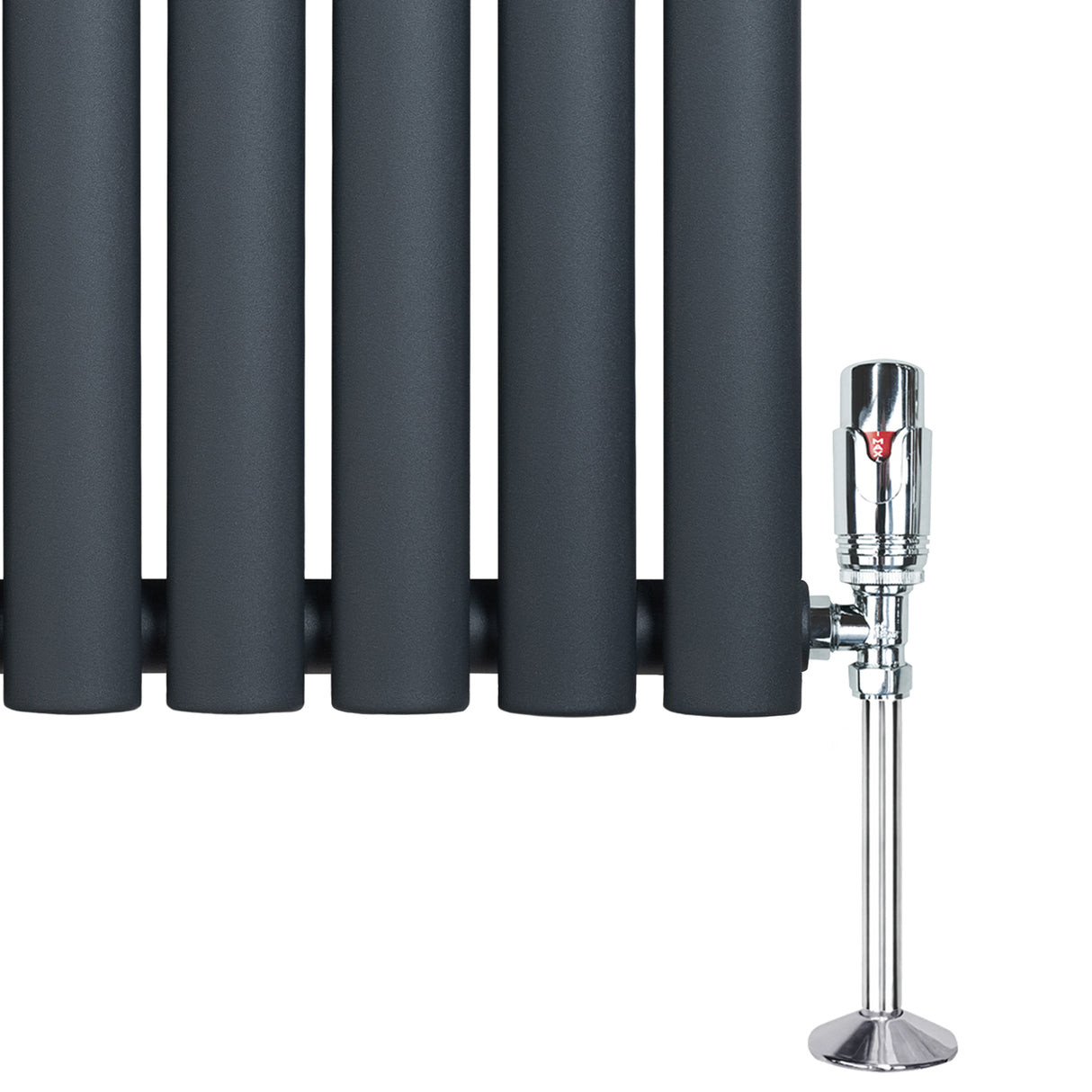 Radiador de coluna oval cinza antracite com válvulas, apresentando um design elegante e moderno, ideal para aquecimento eficiente
