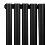 Radiador de coluna simples oval preto, com acabamento liso e moderno, destacando suas válvulas e formato elegante de 1600 mm x 360 mm