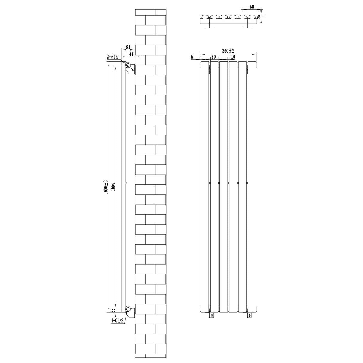 Radiador de coluna simples oval preto, medindo 1600 mm x 360 mm, com válvulas, ideal para aquecimento eficiente e elegante