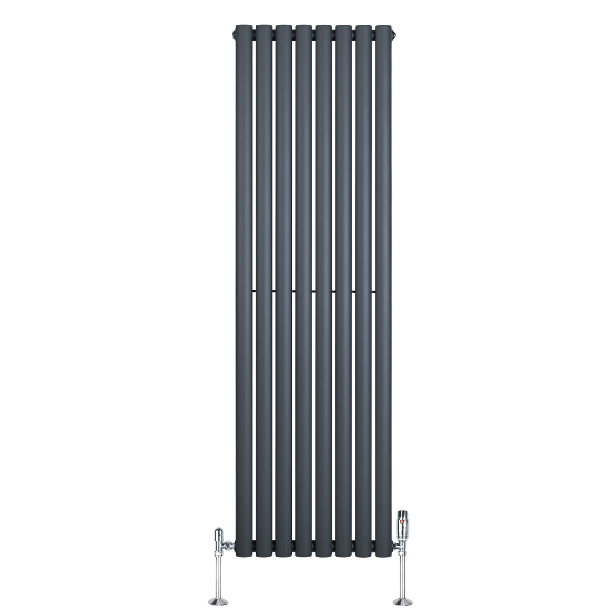 Radiador de coluna oval cinza antracite, com design vertical e válvulas, ideal para aquecimento eficiente e moderno em ambientes