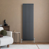 Radiador de coluna simples oval cinza antracite, com válvulas, instalado em parede de tom neutro, ao lado de sofá moderno e mesa de centro
