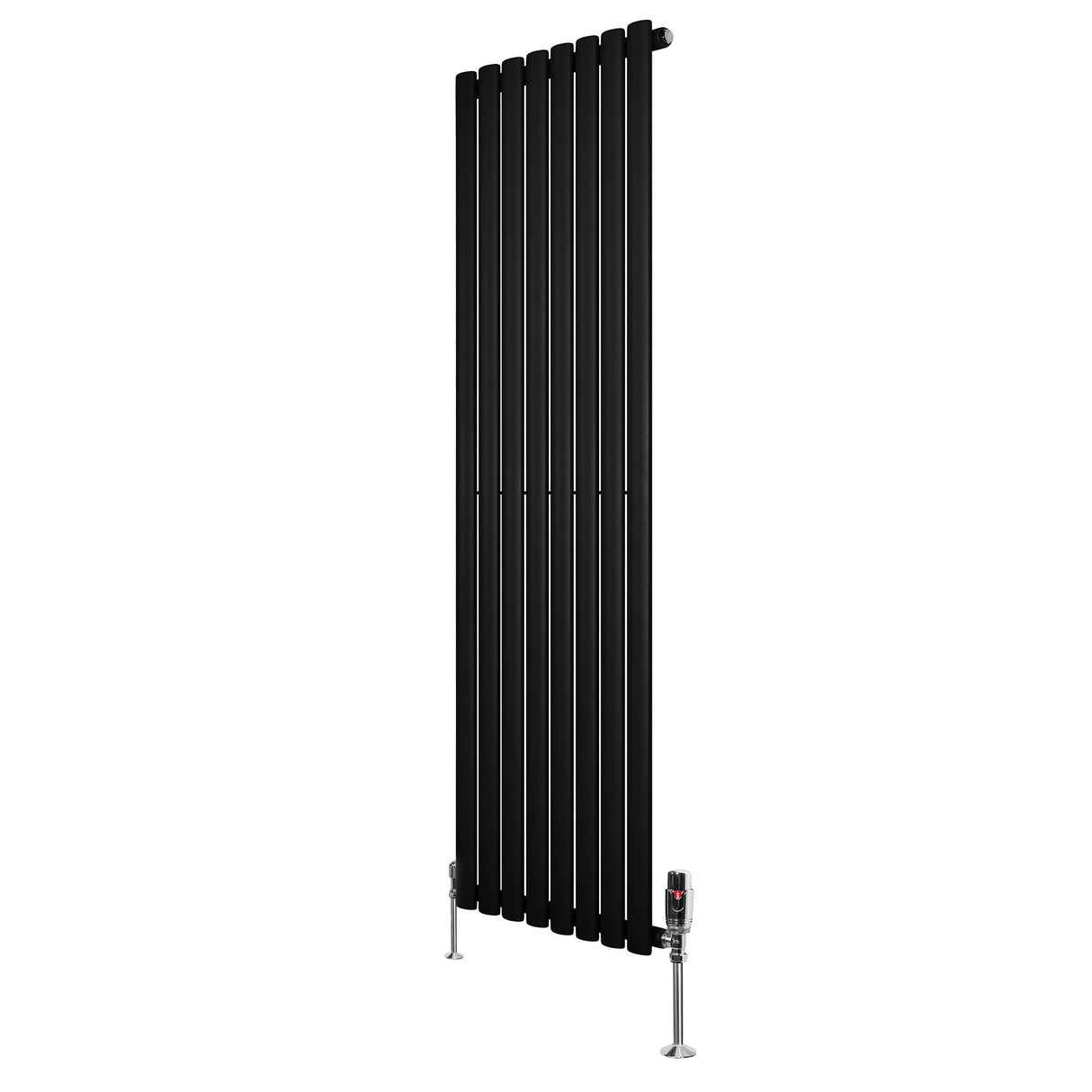 Radiador de coluna simples oval preto, com design elegante e moderno, medindo 1600 mm x 480 mm, equipado com válvulas cromadas