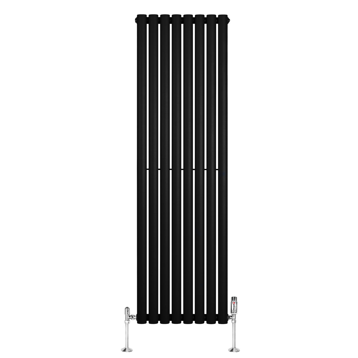 Radiador de coluna simples oval preto, com design elegante e moderno, medindo 1600 mm x 480 mm, equipado com válvulas metálicas