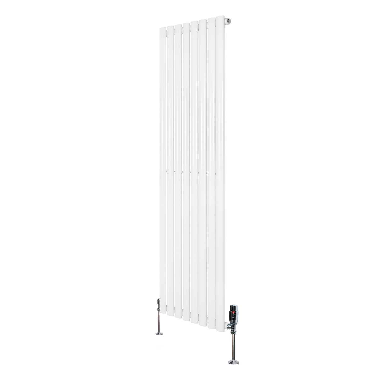 Radiador de coluna simples oval branco, 1600 mm x 480 mm, com acabamento liso e válvulas metálicas na base para instalação fácil