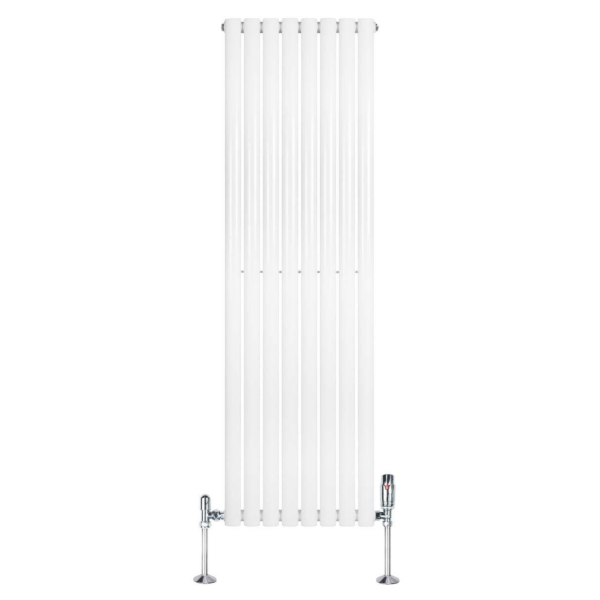 Radiador de coluna simples oval branco, com design elegante e válvulas cromadas, medindo 1600 mm x 480 mm, ideal para aquecimento eficiente